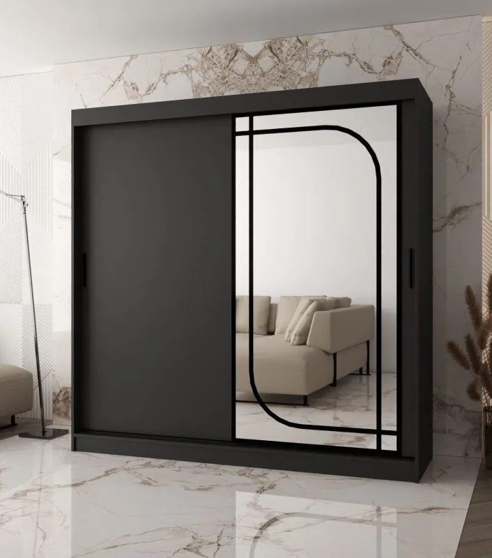 Penderie à portes coulissantes / Noir mat / Miroir décoratif / 200 x 62 x 200 cm / 10 compartiments / 2 tringles à vêtements / Détails modernes / Armoire