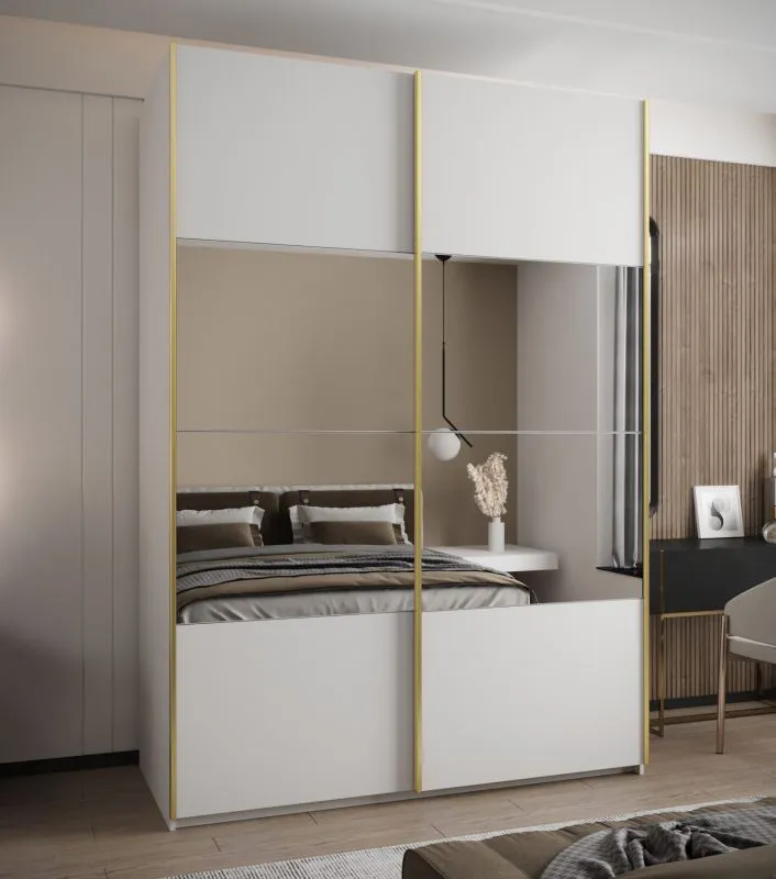 Penderie / Armoire à portes coulissantes / 245,5 x 170 x 64 cm / Soft-Close / 11 compartiments / 2 tringles à vêtements / 2 portes coulissantes / Miroir / Couleur : Blanc