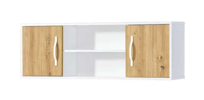 Armoire suspendue à 4 compartiments | poignées métalliques blanches | 120 x 25 x 40 cm | Couleur : chêne / blanc | 2 portes | 1 étagère en bois | Nalut 06