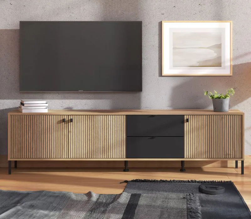 Meuble TV / Meuble bas TV avec grand espace de rangement Zvesdara 02, 2 mètres de large, Couleur : Chêne Artisan / Noir, Deux tiroirs, Dimensions : 54,5 x 208 x 40 cm