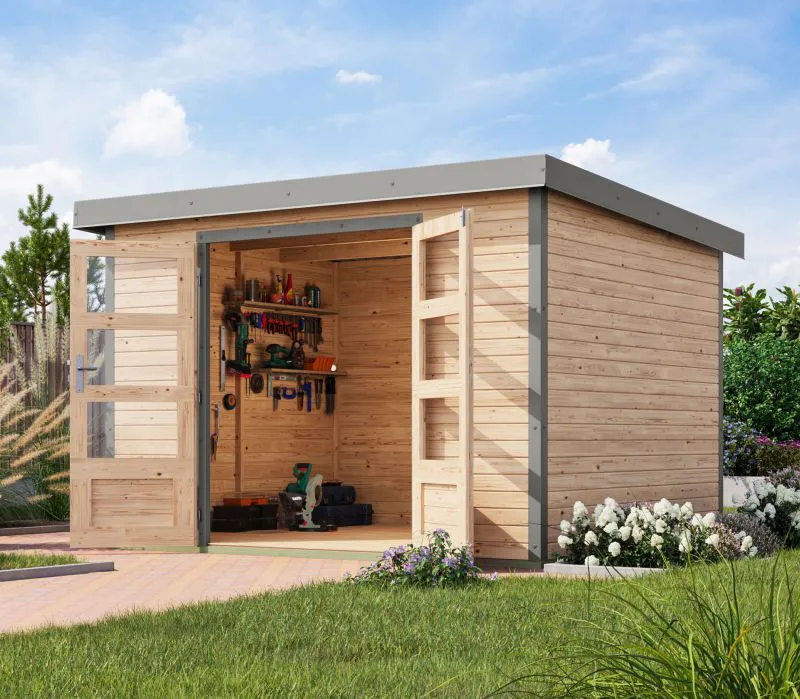 Abri de jardin à toit monopente, épicéa naturel/gris aluminium, toit en tôle trapézoïdale résistant aux intempéries, coins robustes renforcés de métal, serrure à cylindre, durable, 2,98x2,42m