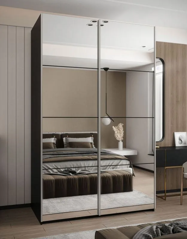 Armoire / Armoire à portes coulissantes | 245,5 x 160 x 64 cm | Fermeture en douceur | 2 tringles à vêtements | 11 compartiments | Couleur : noir | 2 portes coulissantes | Miroir