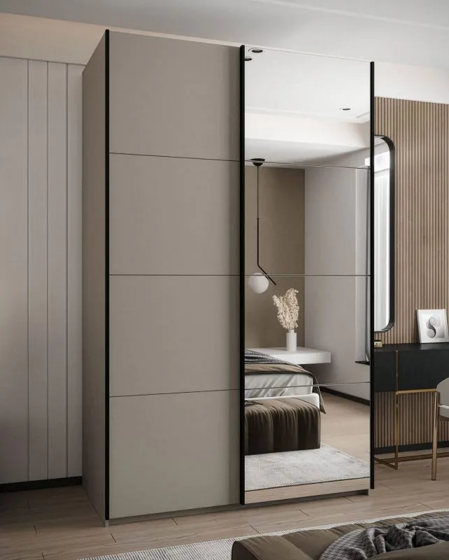 Armoire / Armoire à portes coulissantes | Miroir | 245,5 x 150 x 64 cm | 2 portes coulissantes | 2 tringles à vêtements | Fermeture en douceur | Couleur : cachemire | 6 compartiments