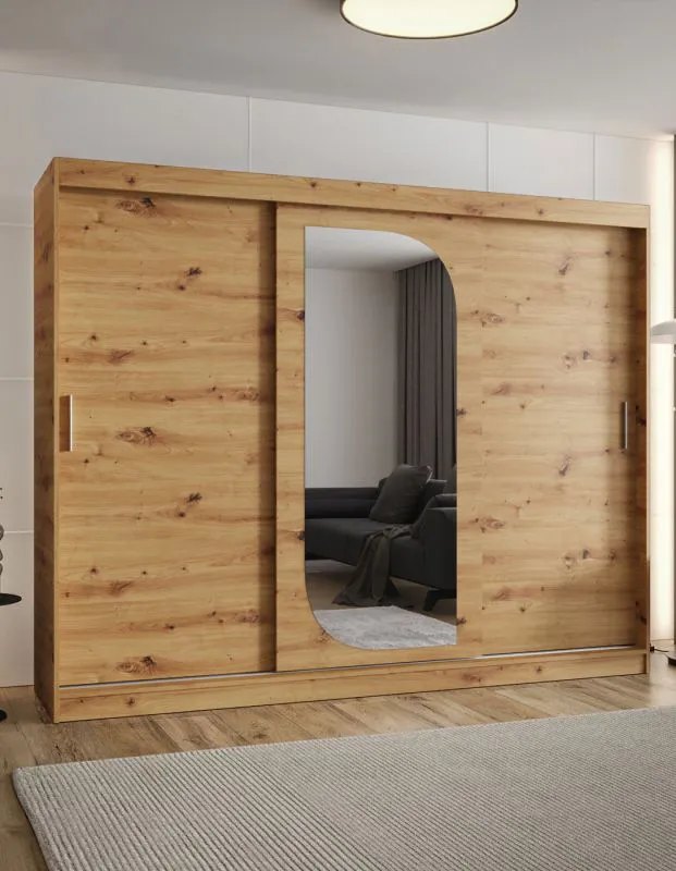 Armoire à portes coulissantes avec une porte miroir Signalkuppe 21, Couleur : Chêne Artisan, largeur 2,5 mètres, 10 compartiments, deux tringles à vêtements, pour chambre à coucher