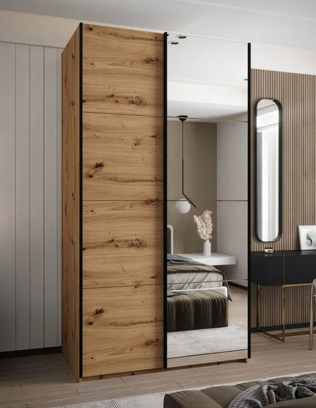 Armoire / Armoire à portes coulissantes | 6 compartiments | Fermeture en douceur | 245,5 x 130 x 64 cm | 2 tringles à vêtements | Couleur : chêne Artisan | Miroir | 2 portes coulissantes
