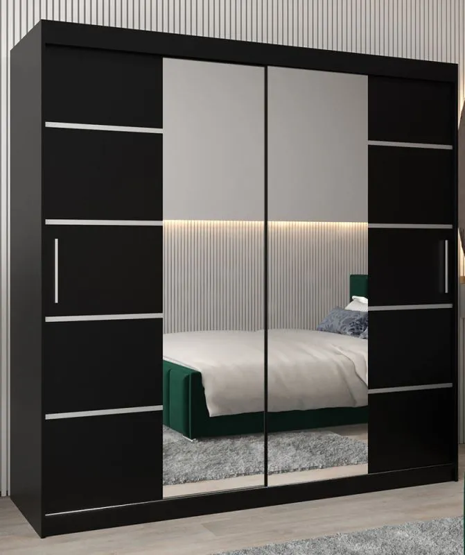 Armoire à portes coulissantes / Penderie Jan 05D avec miroir, Couleur : Noir - Dimensions : 200 x 200 x 62 cm (h x l x p)