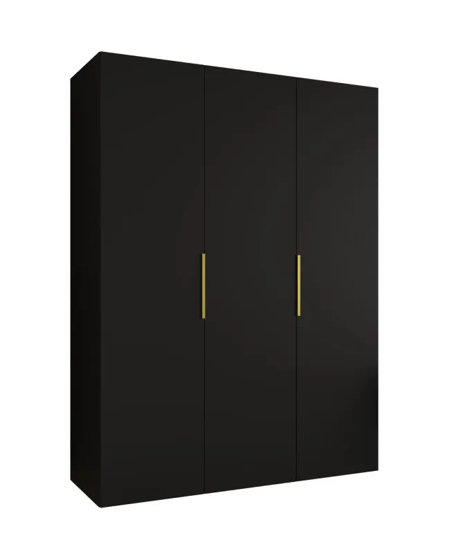 Armoire à portes battantes avec fonction soft-close Korab 19, Couleur : Noir, largeur 1,5 m, deux compartiments, deux tringles à vêtements, Poignées : Or, Penderie