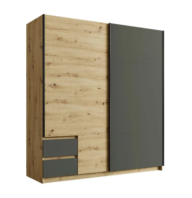Armoire à portes coulissantes / Armoire avec deux tiroirs Glyfada 01 , Couleur : Chêne Artisan / Gris, une tringle à vêtements, cinq casiers, Dimensions : 199 x 181 x 62 cm