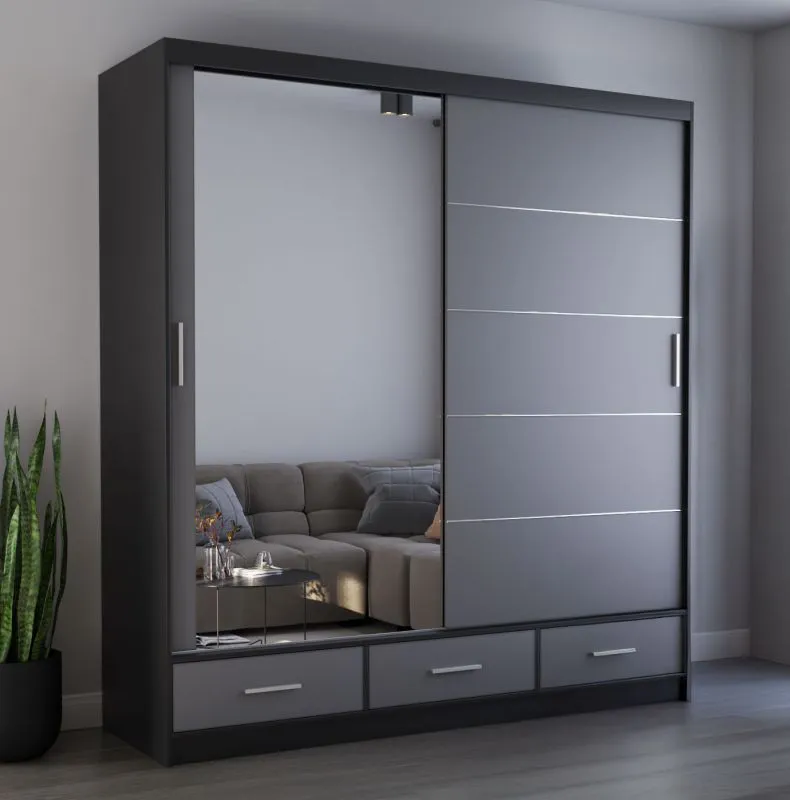 Armoire à portes coulissantes / Penderie avec miroir / 218 x 203 x 61 cm / Gris / Noir / Lusatian 23 / 2 portes / 3 tiroirs / 12 compartiments / Bicolore