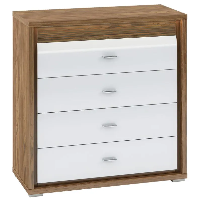 Commode Tempe 05 | Noyer & Blanc Brillant | 4 tiroirs | 94 x 92 x 41 cm | LED intégrée
