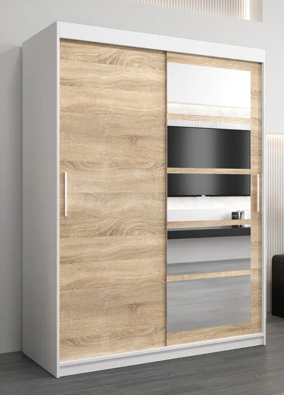 Armoire à portes coulissantes avec miroir Aizkorri 03A | Blanc mat & Chêne Sonoma | 200 x 150 x 62 cm