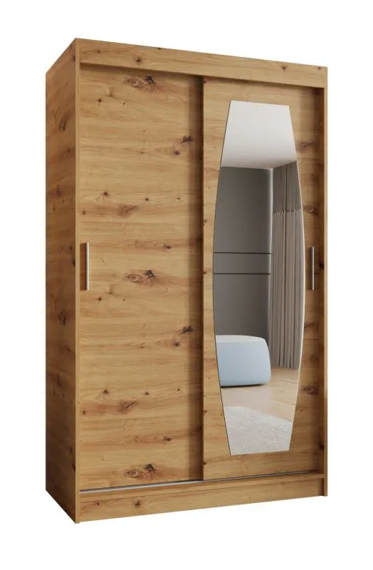 Armoire à portes coulissantes avec une porte miroir Musala 05, Couleur : Chêne Artisan, largeur 1,2 mètres, cinq casiers, deux tringles à vêtements, rails en aluminium, penderie