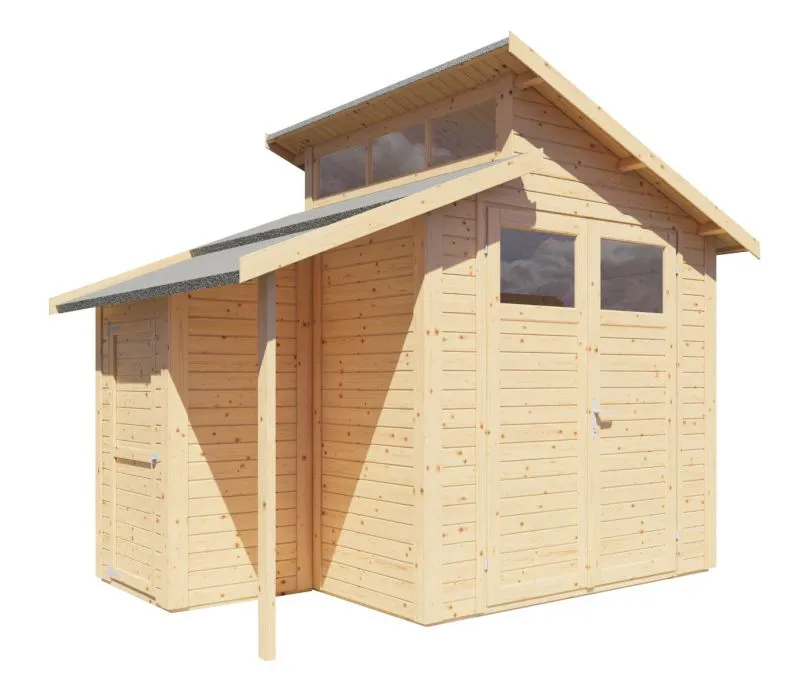 Abri de jardin / Abri de jardin avec annexe Puchheim 02 avec plancher, naturel - en éléments de 19 mm, Surface au sol : 5,86 m², Toit à double pente