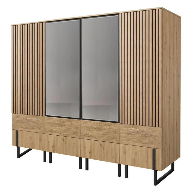 220 cm de large Armoire avec 6 portes, 10 casiers et 2 tiroirs en bois massif | Couleur: Chêne / Noir | Profondeur: 63 cm Abbildung