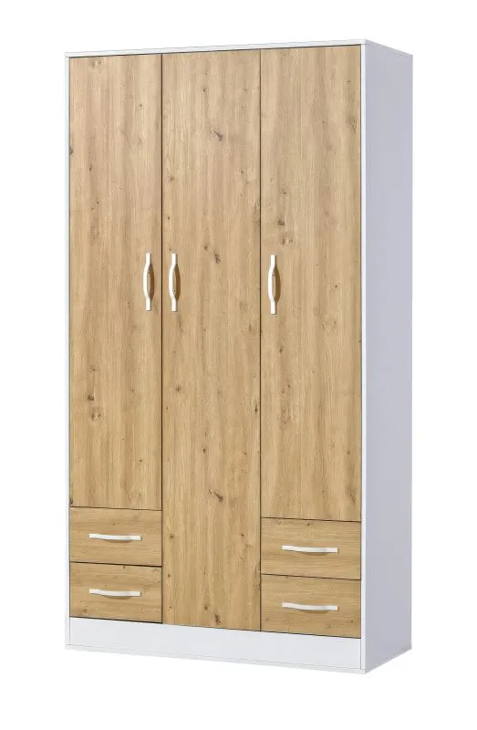 Armoire | Armoire à portes battantes | 3 portes | 120 x 50 x 225 cm | Couleur : chêne / blanc | 3 portes | 4 tiroirs | 11 compartiments | 1 tringle à vêtements | Nalut 01