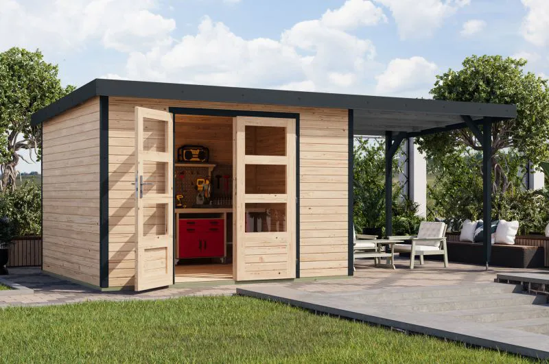 Abri de jardin avec toit rapporté naturel/anthracite - toit à une pente résistant aux intempéries, porte à deux battants avec serrure, assemblage métallique durable 7,21 m².