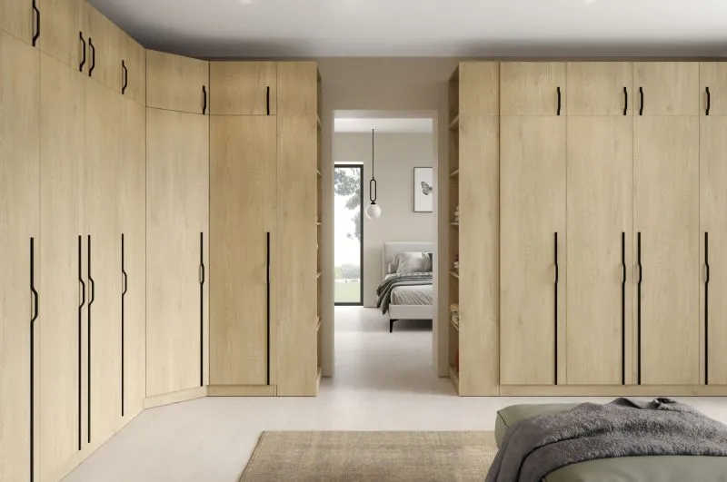Ensemble de chambre à coucher A Edegem / 12 pièces / Couleur : Chêne Cremona / Penderies / Armoires à portes battantes / Etagères / Rehausses d'armoires / Poignées métalliques