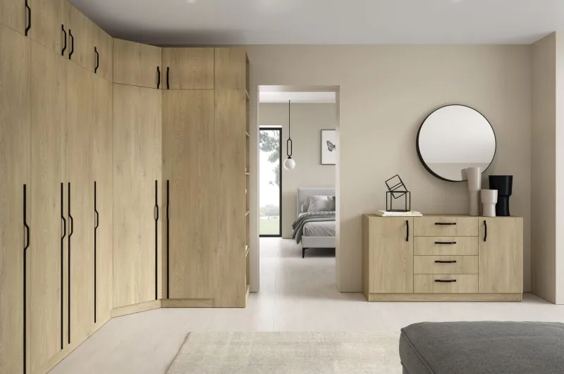 Ensemble de chambre à coucher C Edegem / 9 pièces / Couleur : Chêne Cremona / Penderies / Armoires à portes battantes / Étagères / Rehausses d'armoire / Commode / Poignées métalliques