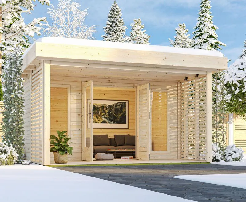 Abri de jardin avec charge de neige de 185 kg/m² en bois, plancher inclus, épicéa naturel, épaisseur de paroi 38 mm, terrasse avec protection visuelle, toit à une pente, 3,93 × 3,93 m
