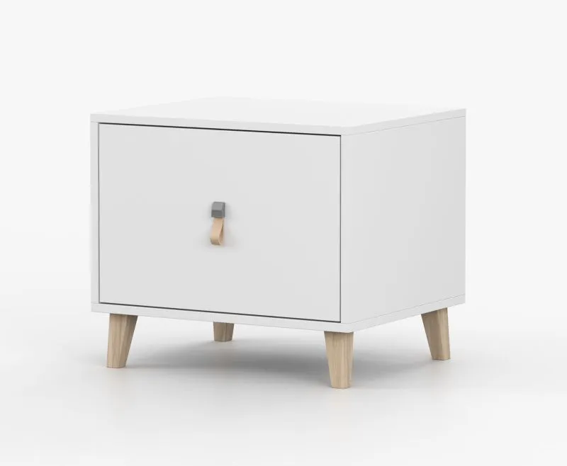 Table de chevet / Table de nuit / 45 x 55 x 45 cm / Blanc / Taygetos 06 / 1 tiroir / Poignées en cuir / Pieds en bois de 14 cm de haut / Teinte unie