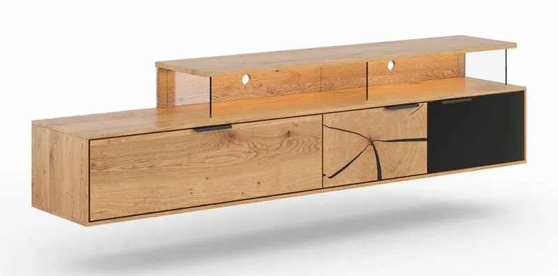Meuble TV mural Rania 19 | Chêne massif huilé | 52 x 200 x 39 cm | Façade verre & bois | Éclairage LED