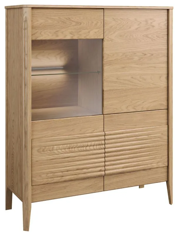 Vitrine avec porte vitrée à gauche Gorica 05, en chêne doré, 140 x 111 x 45 cm, avec éclairage LED, système Soft Close, massif partiel, verre antisol bronze