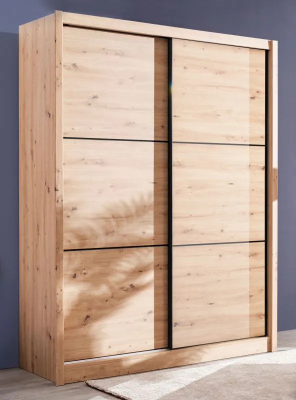 Armoire à portes coulissantes avec six compartiments Panevo 02, Couleur : Chêne Artisan, une tringle à vêtements, Dimensions : 215,5 x 166 x 60 cm, élégante