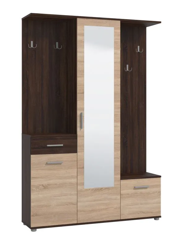 Vestiaire avec miroir Cupria 01, Couleur : Chêne de Sonoma / Chêne de Sonoma Foncé, cinq patères, un tiroir, 10 compartiments, Dimensions : 197,5 x 133,5 x 33 cm