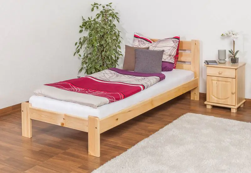 Lit simple / lit d'appoint en bois de pin massif, naturel A27, sommier à lattes inclus - Dimensions 90 x 200 cm 