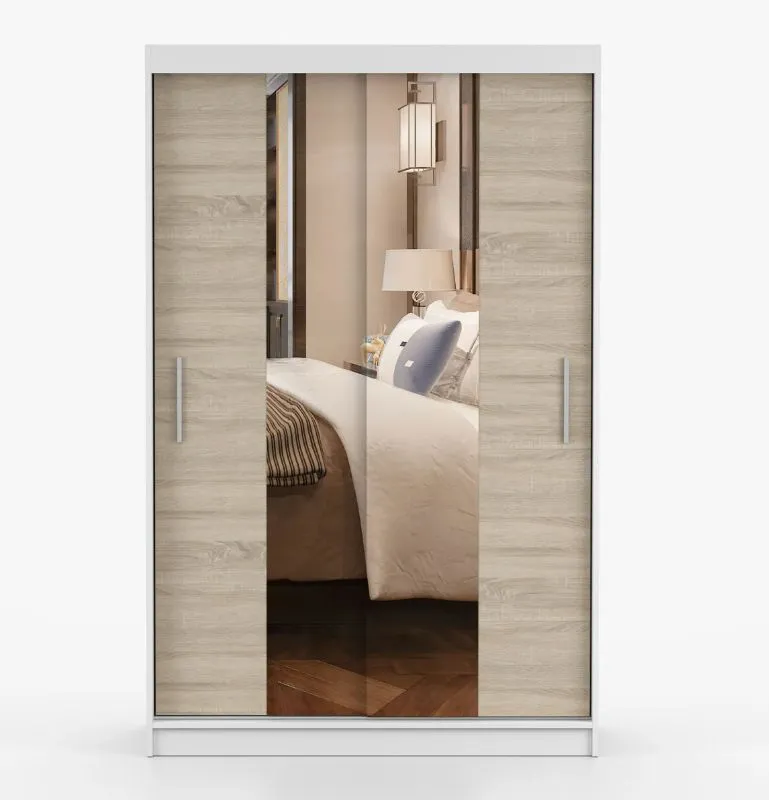 Armoire penderie à portes coulissantes Rudawy 10 | Chêne Sonoma/Blanc | Miroir | 2 portes | 6 étagères | 1 tringle | 200 x 120 x 61 cm
