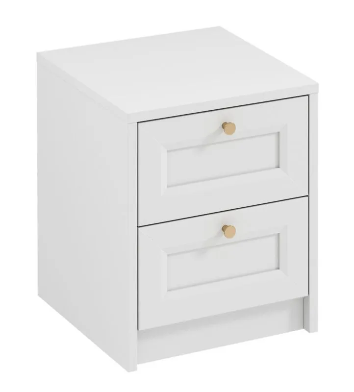 Table de chevet noble Ersigen 09 en blanc, Poignées métalliques dorées, 48 x 40 x 40 cm, Table de chevet avec 2 tiroirs, protection des bandes de chant ABS