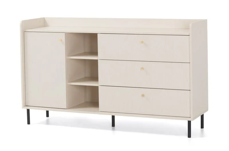 Commode / 3 tiroirs / Couleur : Beige avec effet bois / 5 compartiments / Dimensions : 153,5 x 42 x 91 cm / 1 porte / Pieds et poignées : métal / Buffet / Pour le salon