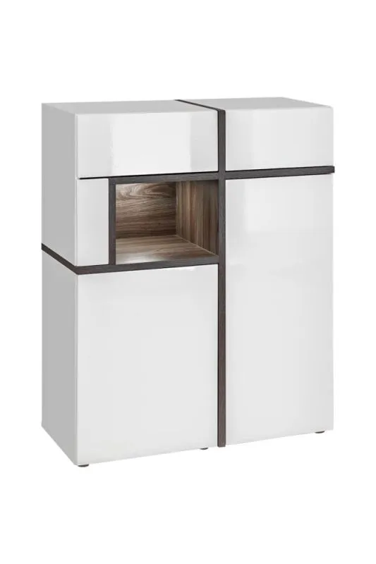 Vitrine Stura 03 | Blanc brillant & Gris | 110 x 90 x 40 cm | 5 compartiments | Éclairage LED