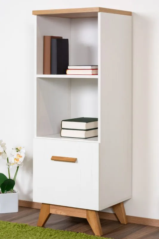Bibliothèque Panduros 07, Couleur : Pin blanc / Chêne brun - Dimensions : 128 x 45 x 40 cm (H x L x P)