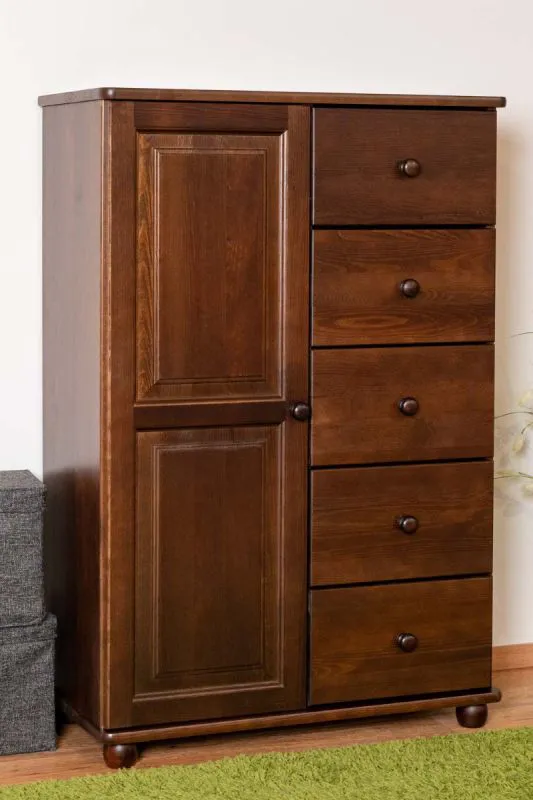 Commode robuste en pin massif couleur noyer Junco 159, avec cinq tiroirs, 23 x 80 x 42 cm, quatre compartiments, avec une très bonne stabilité
