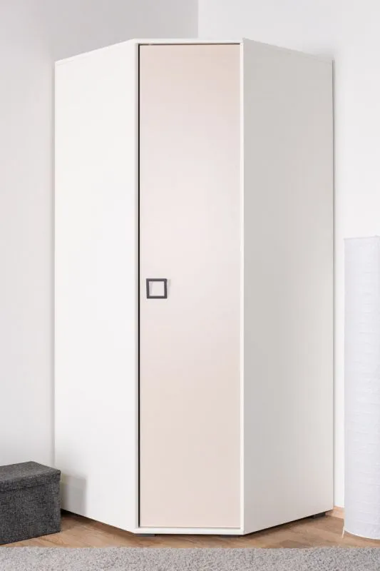 Chambre d'enfant - Armoire à portes battantes / Armoire d'angle Benjamin 15, Couleur : Blanc / Crème - Dimensions : 198 x 86 x 86 cm (H x L x P)