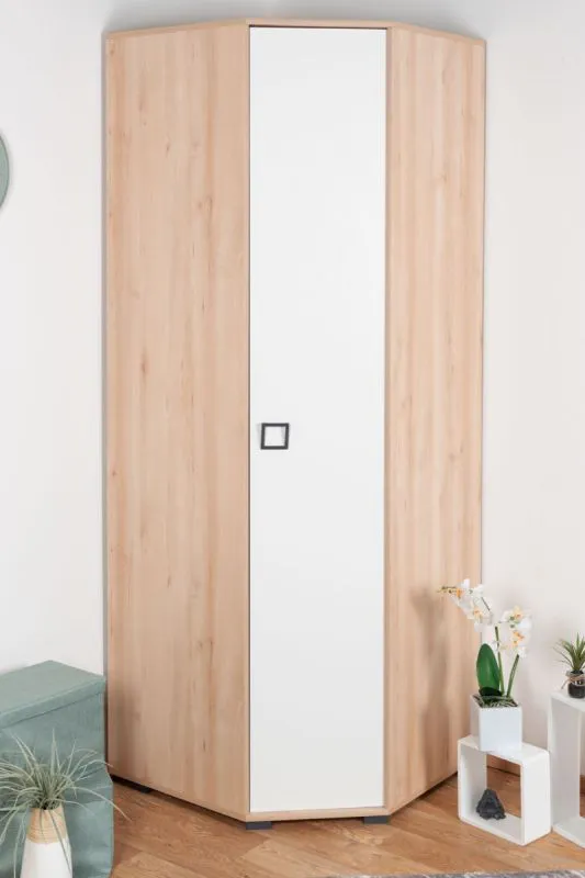 Armoire d’angle enfant Benjamin 20 | 1 porte battante | 5 étagères, 3 tringles | Hêtre/Blanc | 236 x 86 x 86 cm
