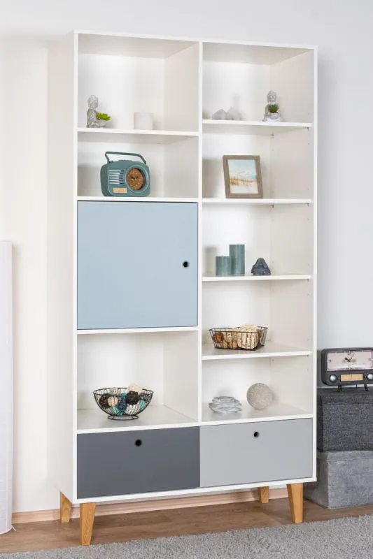 Chambre d'enfant - Étagère Syrina 15, Couleur : Blanc / Gris / Bleu - Dimensions : 202 x 105 x 45 cm (H x L x P)