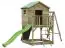 Tour de jeux S20C1, toit : vert, avec toboggan ondulé, balançoire simple annexe, balcon, bac à sable, mur d'escalade et échelle en bois - Dimensions : 462 x 363 cm (l x p)