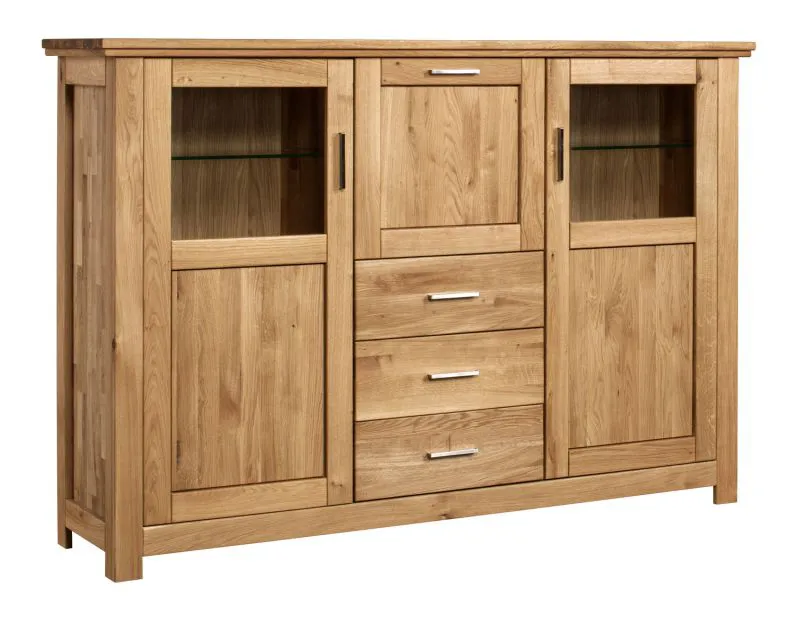 Vitrine moderne avec deux portes Floresta 03, naturel, système Soft-Close inclus, chêne massif, un compartiment basculant, 130 x 187 x 48 cm, avec trois tiroirs, huilé / ciré