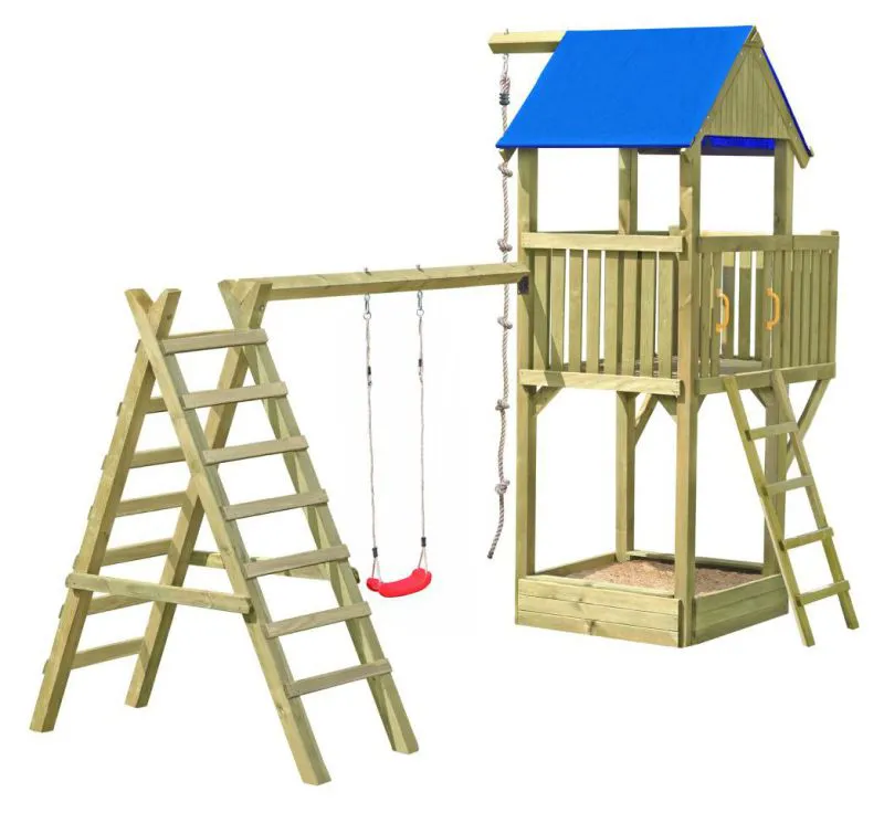 Tour de jeux K28 avec balcon, bac à sable et balançoire simple - Dimensions : 490 x 250 cm (L x l)