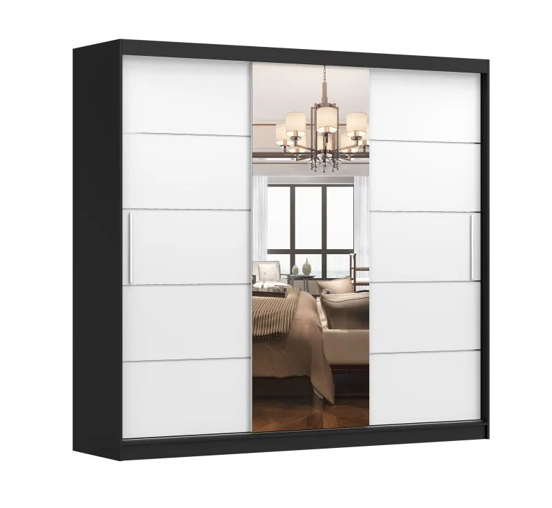 Armoire à portes coulissantes avec miroir Gorski 58 | 218 x 233 x 61 cm | Blanc/Noir | 2 portes | 12 compartiments | Grand rangement