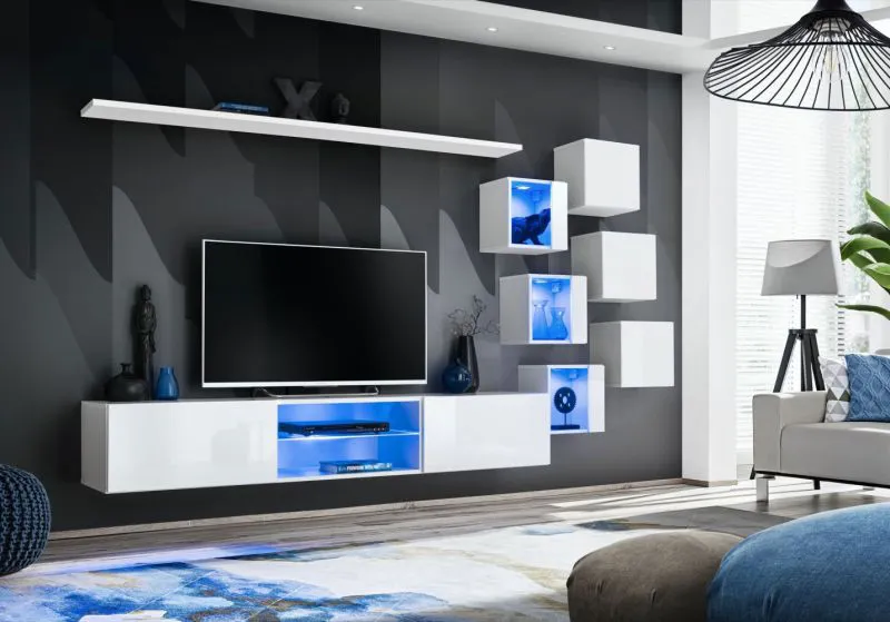 Mur de salon sobre Volleberg 01, Couleur : Blanc - dimensions : 140 x 260 x 40 cm (h x l x p), avec éclairage LED bleu