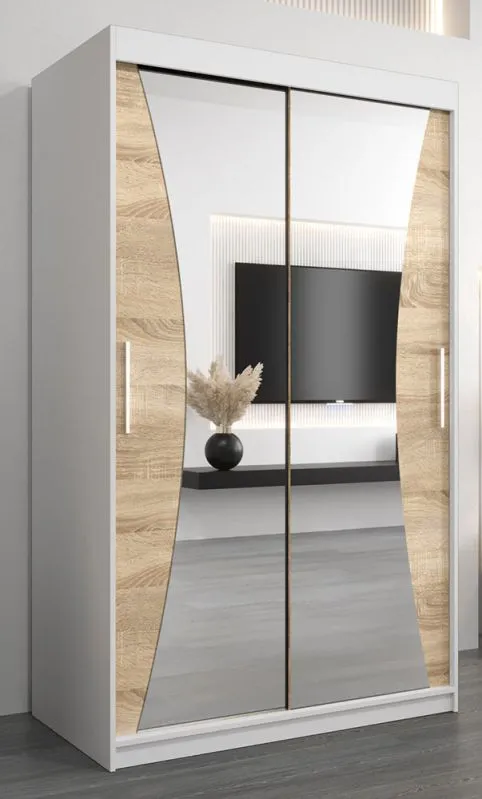 Armoire à portes coulissantes avec miroir Serbota 02 | Blanc mat & Chêne Sonoma | 200 x 120 x 62 cm