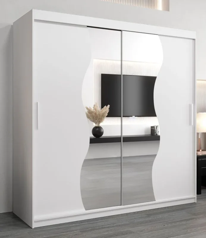 Armoire à portes coulissantes Robinyera 05 avec miroir | Blanc mat | 200 x 200 x 62 cm | Design moderne
