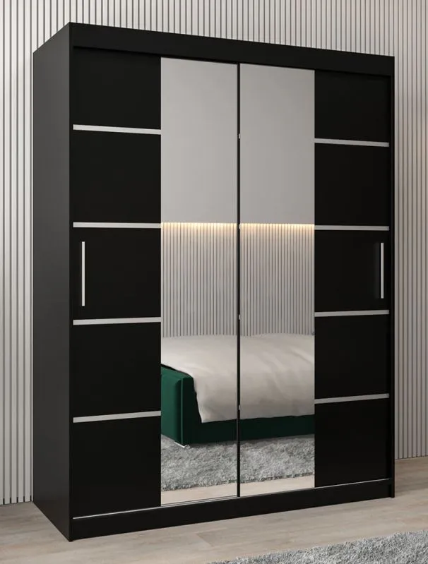 Armoire à portes coulissantes / Penderie Jan 03D avec miroir, Couleur : Noir - Dimensions : 200 x 150 x 62 cm (h x l x p)