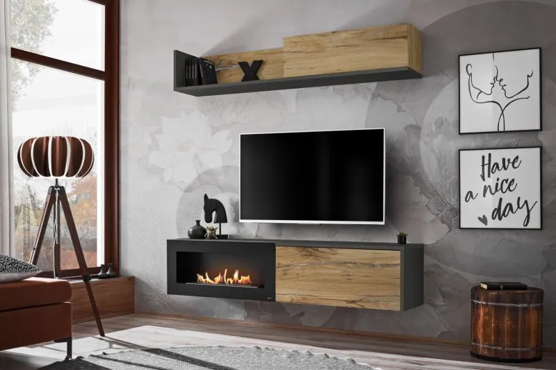Meuble-paroi avec cheminée au bioéthanol Bjordal 12, couleur : chêne Flagstaff / anthracite - dimensions : 180 x 180 x 40 cm (h x l x p), avec fonction push-to-open