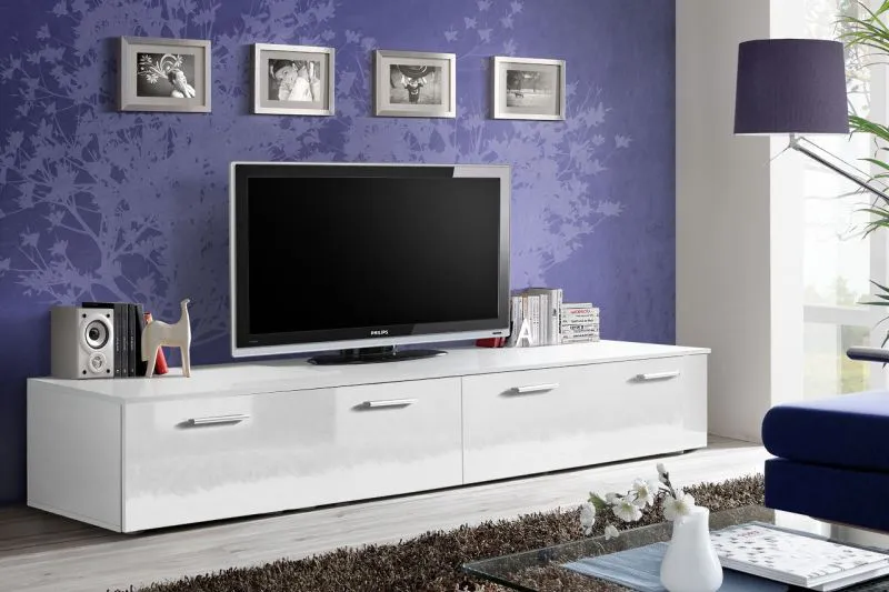 Meuble TV au design moderne Bjordal 61, Couleur : Blanc brillant - dimensions : 35 x 200 x 45 cm (h x l x p), avec deux portes