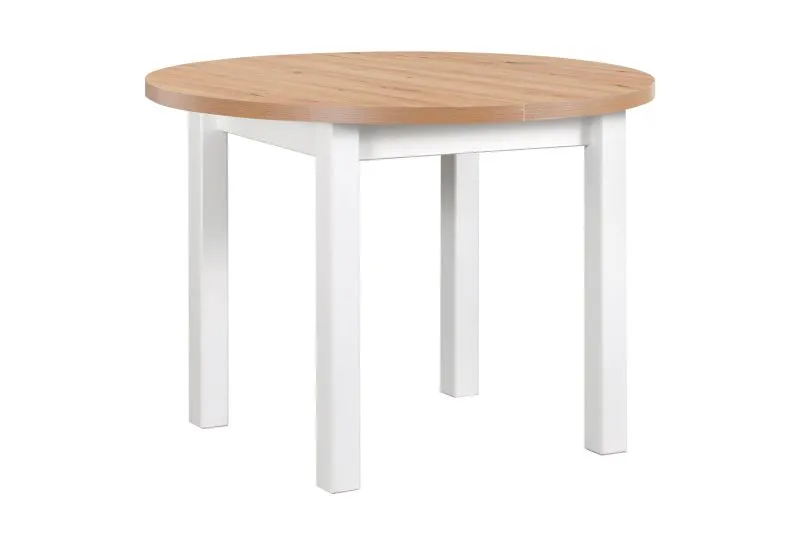 Table de salle à manger à ralonge ILZE au design simple, Blanc/Chêne, peu encombrante, dimensions Ø 100/180 (H x P), hauteur du plateau 32 mm, plateau de table laminé