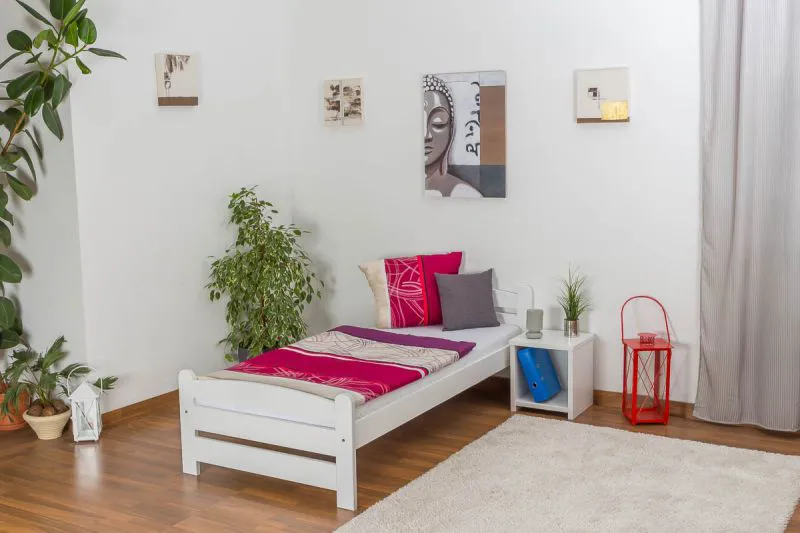 Lit simple / lit d'appoint en bois de pin massif, laqué blanc 84, avec sommier à lattes - dimension 90 x 200 cm